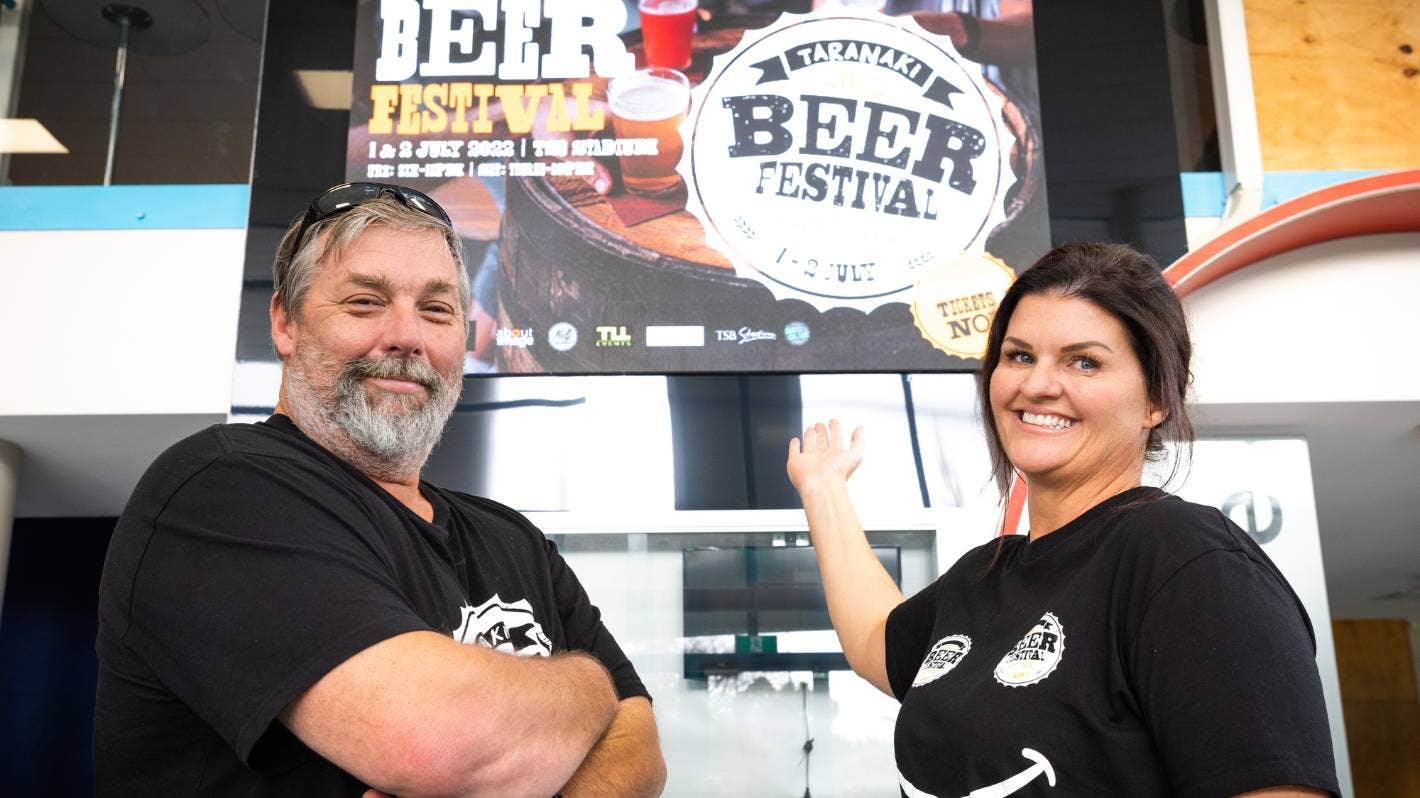 VANESSA LAURIE/STUFF - Taranaki Beer Festival promoter Brett Cursons and manager Emma Puletaha are looking forward to the weekend, after Covid-19 delayed their event by three months.